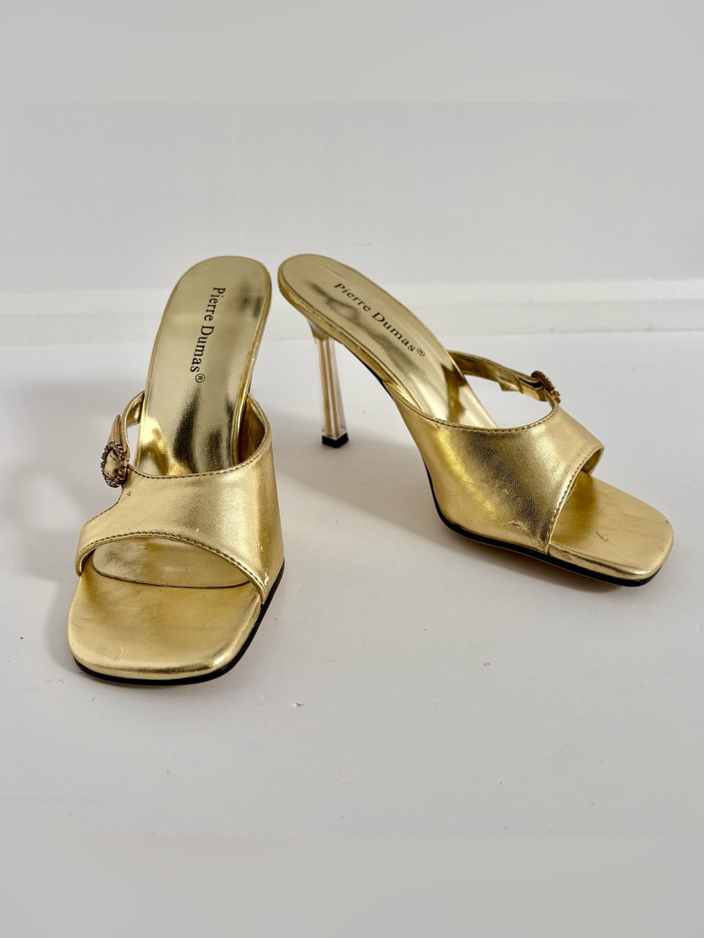 Pierre Dumas Radiance Gold Metallic Rhinestone Square Toe Lucite Heel Mules-Sz 6